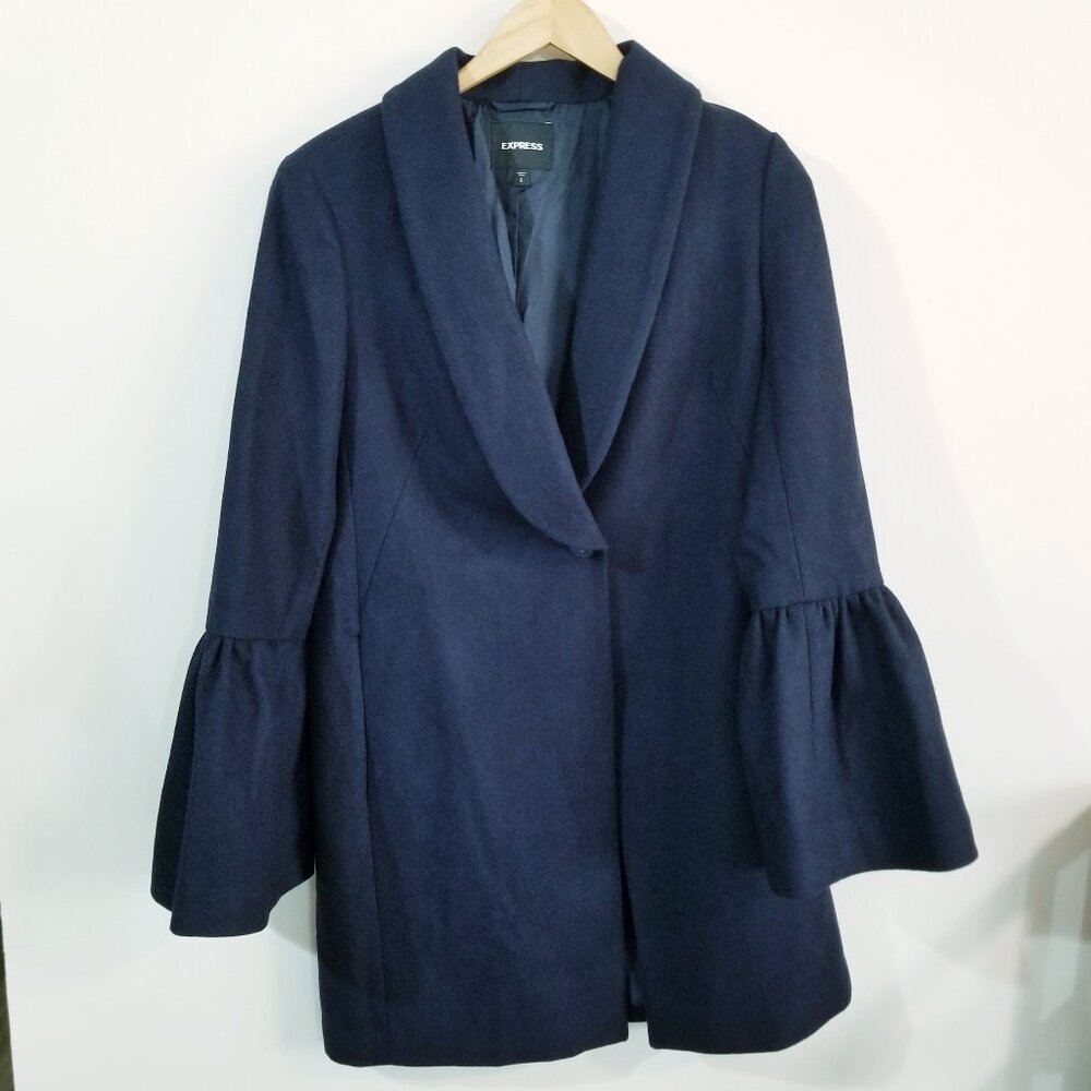 Express Wool Blend Navy Blue Long Coat with Bell Sleeves - Small